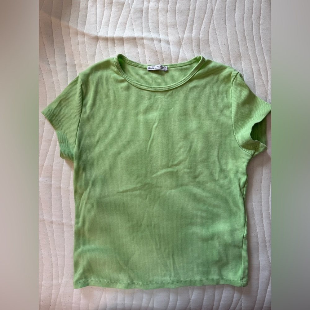 Bershka Light Green Ribbed Short Sleeve Top
